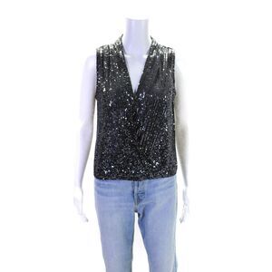 Heartloom Womens Surplice Plunge Neck Sequin Tank Top Blouse Black Silver Small
